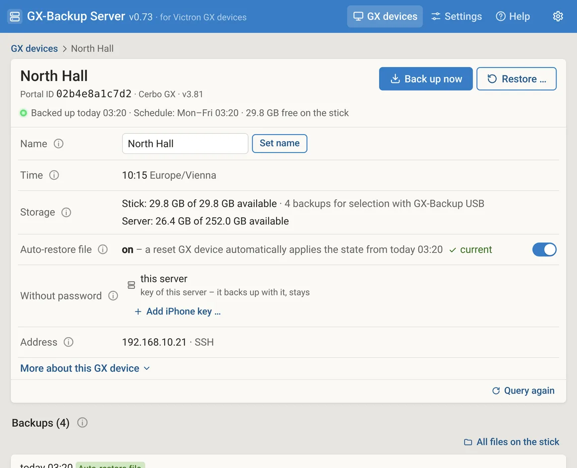 Device page “North Hall”, laid out as in GX-Backup USB: “Back up now” and “Restore …”, at a glance backed up today, the schedule and free space on the stick; below that name, time, storage, auto-restore file with its switch, the keys for “Without password” and the address.