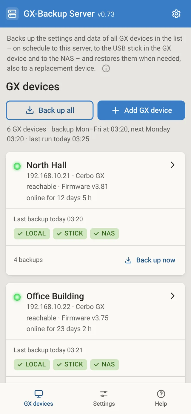 GX-Backup Server on a phone: list of GX devices with “Back up all” and “Add GX device”.