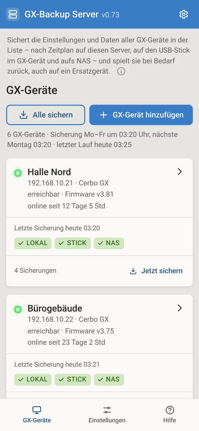 GX-Backup Server am Handy: Liste der GX-Geräte mit „Alle sichern“ und „GX-Gerät hinzufügen“.
