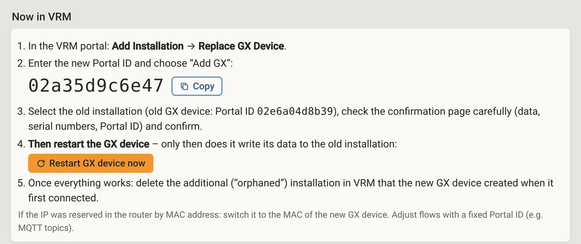 After the swap: the steps in the VRM portal with the new Portal ID ready to copy and the “Restart GX device now” button.
