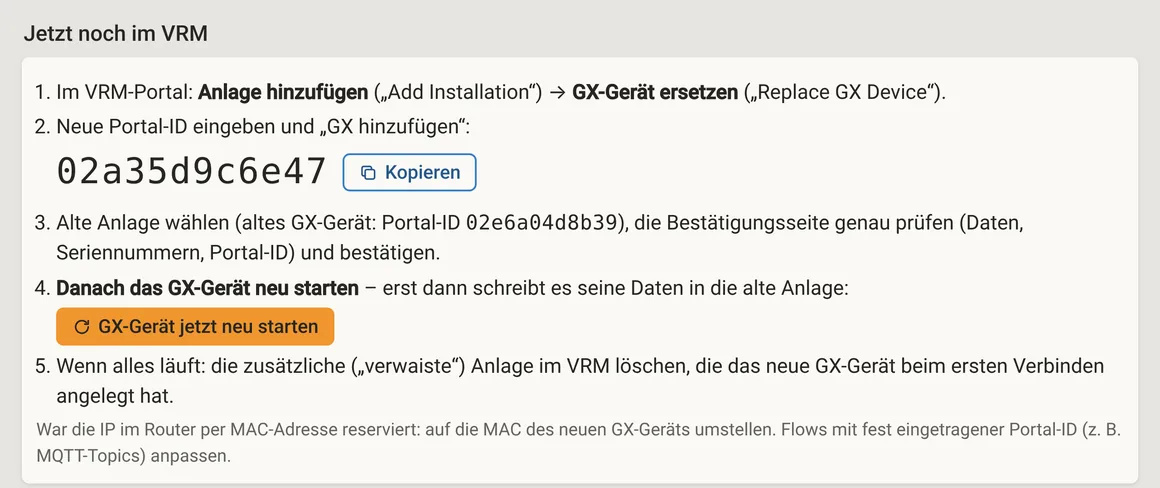 Nach dem Tausch: die Schritte im VRM-Portal mit der neuen Portal-ID zum Kopieren und dem Knopf „GX-Gerät jetzt neu starten“.