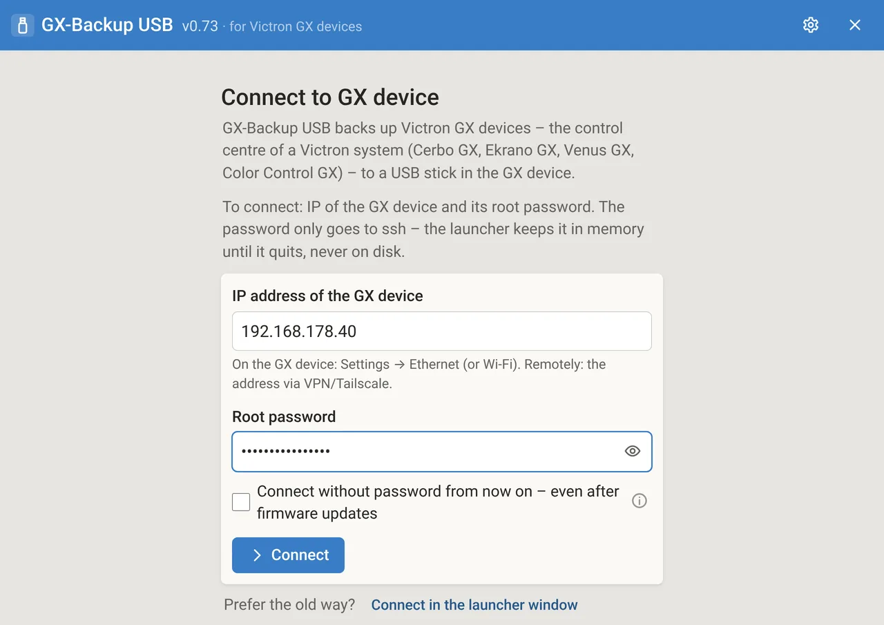 The GX-Backup USB launcher in the browser: fields for the IP address and root password of the GX device, below them the “Connect” button.