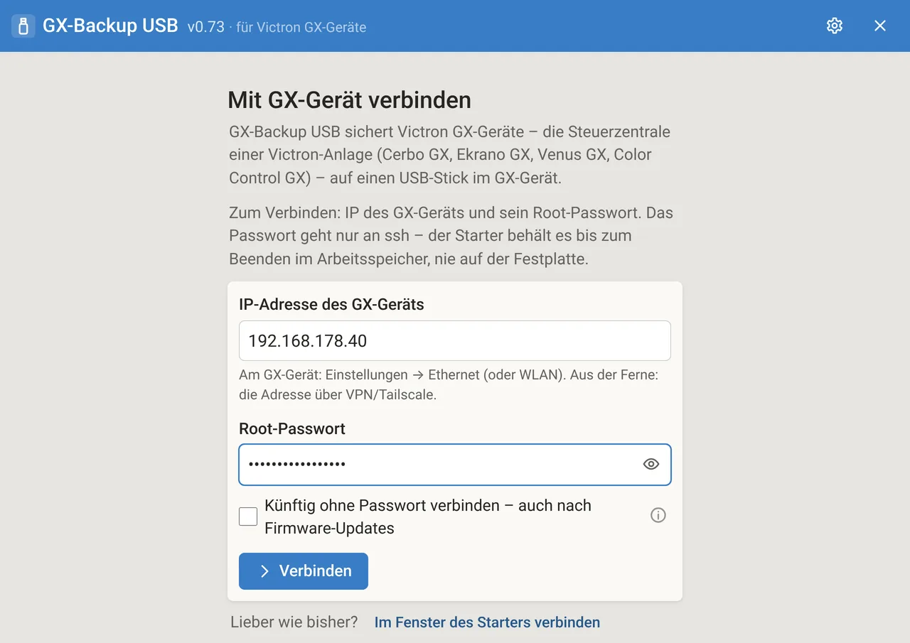 Der Starter von GX-Backup USB im Browser: Felder für die IP-Adresse und das Root-Passwort des GX-Geräts, darunter der Knopf „Verbinden“.