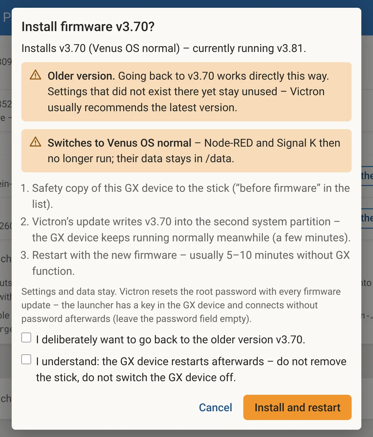 Confirmation “Install firmware v3.70?”: an older version than the running v3.81 – first a safety copy to the stick, then Victron’s update writes the firmware and the GX device restarts.