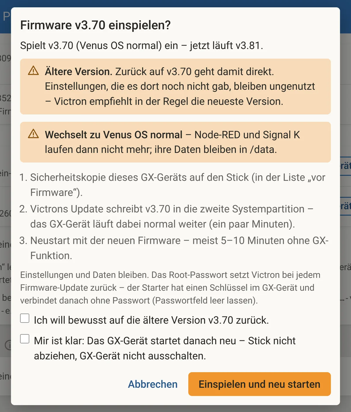 Rückfrage „Firmware v3.70 einspielen?“: eine ältere Version als die laufende v3.81 – zuerst eine Sicherheitskopie auf den Stick, dann schreibt Victrons Update die Firmware und das GX-Gerät startet neu.