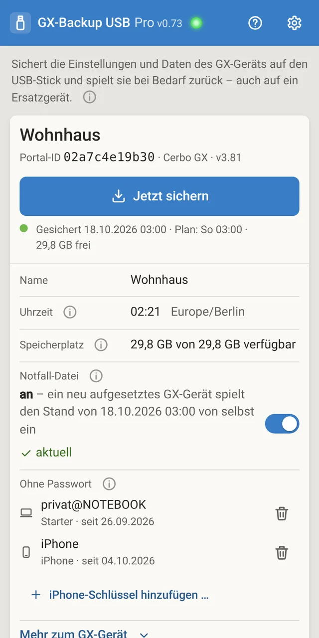 GX-Backup USB am Handy: Gerätekarte „Wohnhaus“ mit großem Knopf „Jetzt sichern“.