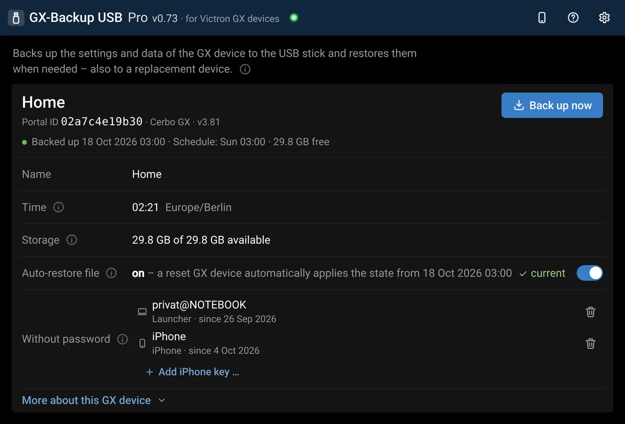 The same device card in dark mode.