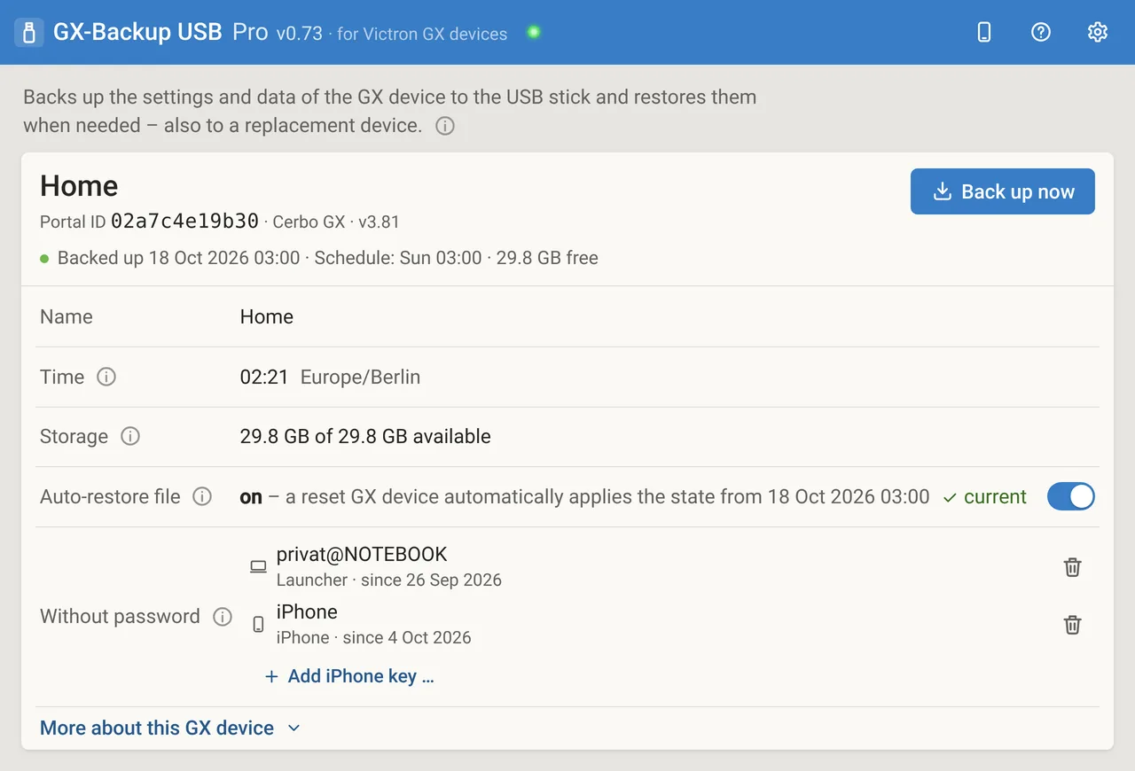 GX-Backup USB Pro on a computer: device card “Home” with Portal ID, backed up on 18 Oct 2026 at 03:00, backup schedule Sundays at 03:00, auto-restore file on.