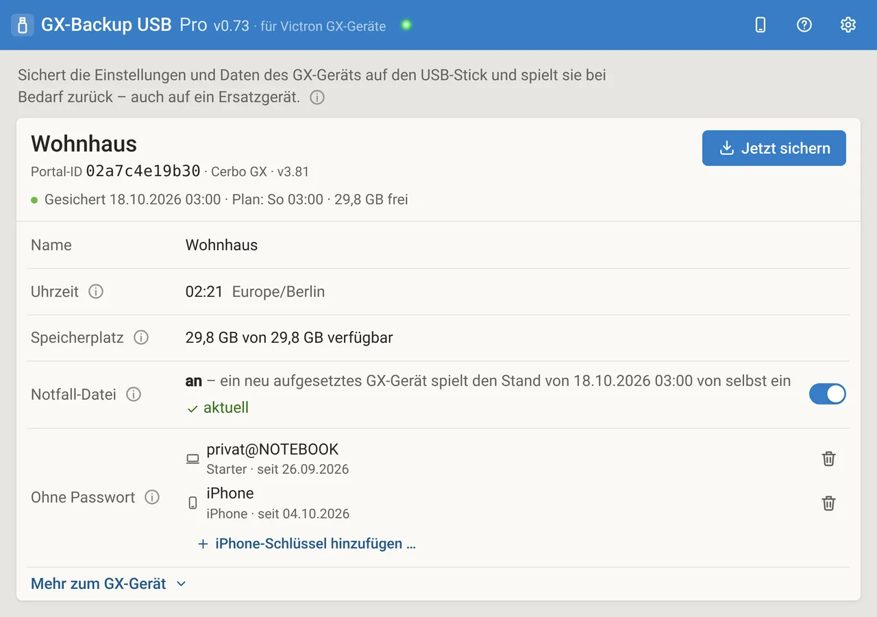 GX-Backup USB Pro am Rechner: Gerätekarte „Wohnhaus“ mit Portal-ID, gesichert am 18.10.2026 um 03:00, Sicherungsplan sonntags 03:00, Notfall-Datei an.