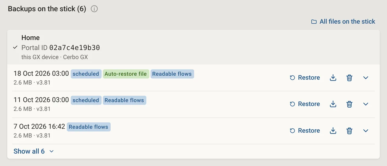 Backups on the stick: the newest from 18 Oct 2026 with the badges “scheduled”, “auto-restore file” and “readable flows”, two older ones below.