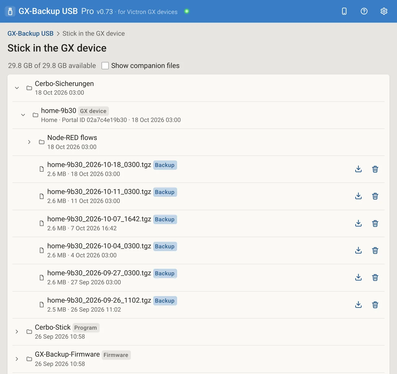 Stick in the GX device: folder Cerbo-Sicherungen with six backups of the installation “Home”, below it the program folder and the auto-restore file.