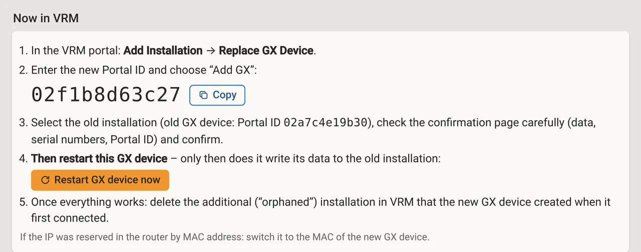 After “Replace hardware”: the steps in the VRM portal, the new Portal ID ready to copy and the “Restart GX device now” button.