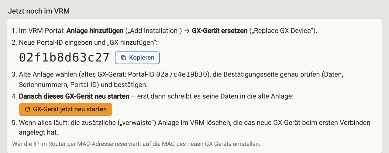 Nach „Hardware ersetzen“: die Schritte im VRM-Portal, die neue Portal-ID zum Kopieren und der Knopf „GX-Gerät jetzt neu starten“.